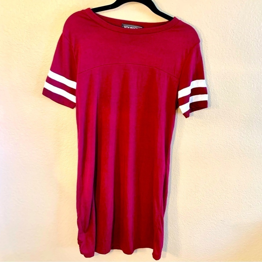 SALE! Younique T-Shirt Dress M Burgundy Jersey Style White Stripes Short Sleeves